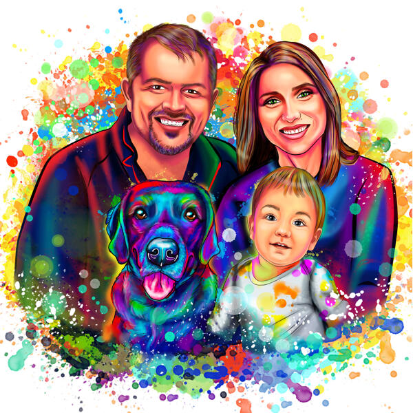 Evcil Hayvanlı Aile Suluboya Karikatürü