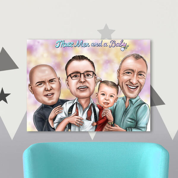 Drie mannen en een baby cartoon portret gedrukt op canvas voor vader cadeau