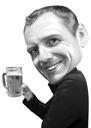 Dibujo de caricatura de persona bebedora de cerveza personalizada en estilo blanco y negro
