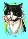 Mustavalkoinen kissan sarjakuva muotokuva turkoosilla taustalla akvarellityylillä