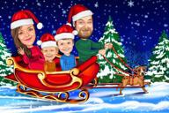 Kerstkarikatuur van de sleefamilie van de Kerstman met honden