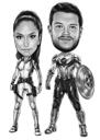 Disegno di caricatura di supereroe in stile bianco e nero
