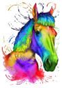 Portrait de caricature de cheval à partir de photos dans un style aquarelle néon arc-en-ciel