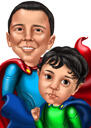 Kahden lapsen supersankarin karikatyyripiirros