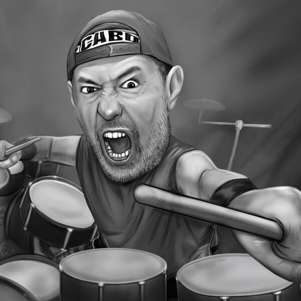 Забавная карикатура барабанщика нарисованная с фото