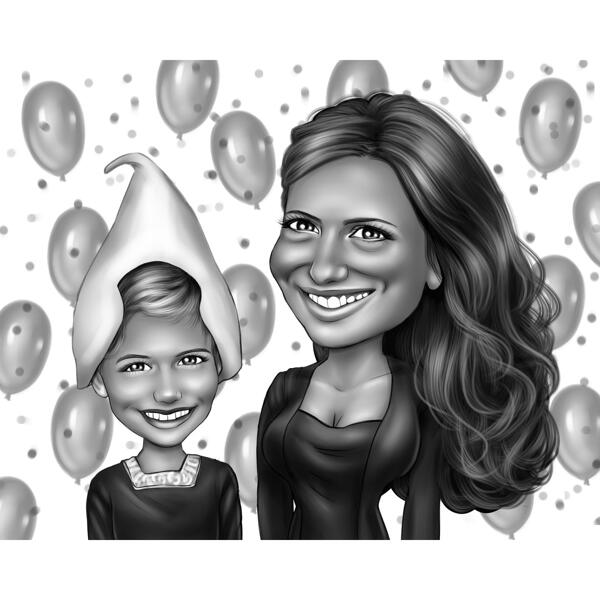 Dzimšanas dienas karikatūra ar baloniem meitenēm melnbaltā stilā
