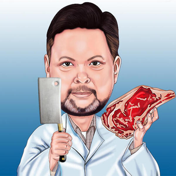 Metzger mit Messer und Steak Cartoon vom Foto auf einfarbigem Hintergrund