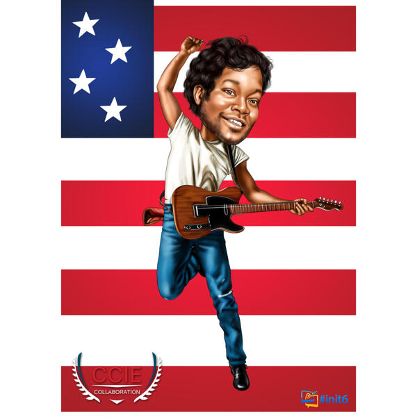 Pessoa de corpo inteiro personalizada com caricatura colorida de guitarra no fundo da bandeira