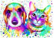 Two Mixed Pets Cartoonish Portrait in Watercolor Style from Photo