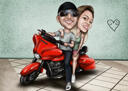Paar-Karikatur+auf+Harley-Davidson-Motorrad+mit+Hintergrund