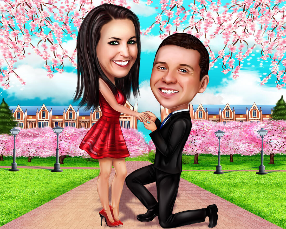 Couple Marriage Proposal Colored Style Cartoon Drawing with Nature  Background