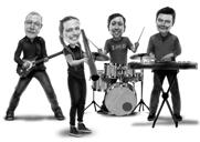 Mūzikas grupas dalībnieku karikatūra melnbaltā stilā ar pielāgotu fonu