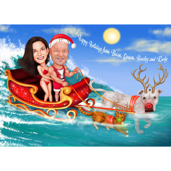 Karikatuur van een kerstpaar met huisdieren