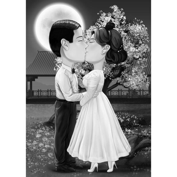 Zwart-wit kussend paar karikatuur met aangepaste achtergrond van foto's