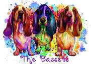 Карикатура на групповой портрет трех собак в радужной акварели, телосложение в полный рост