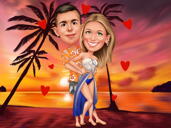 Cap și umeri Cuplu în vacanță Portret de desene animate cu fundal apus de soare