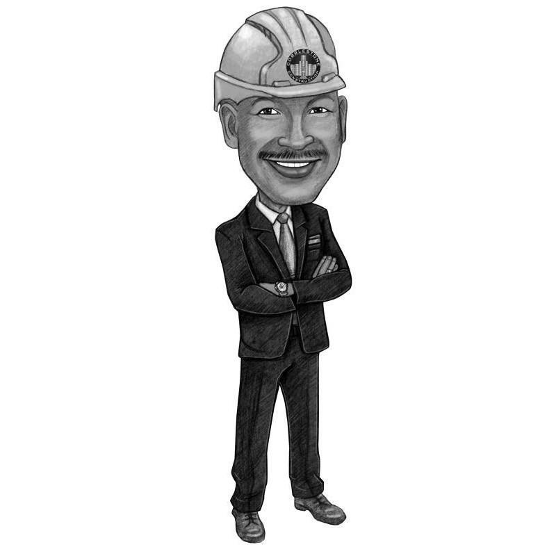 Caricatura de ingeniero de cuerpo completo en blanco y negro