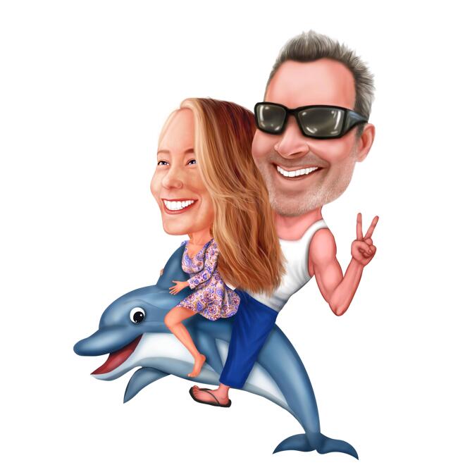 Fotodelt tehtud värviline karikatuurkingitus paarile ratsutava delfiiniga