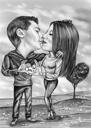 Sort og hvid kysse par karikatur med brugerdefineret baggrund fra fotos
