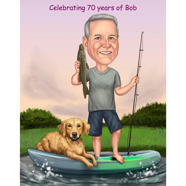 Zvejnieka karikatūra ar suni uz laivas