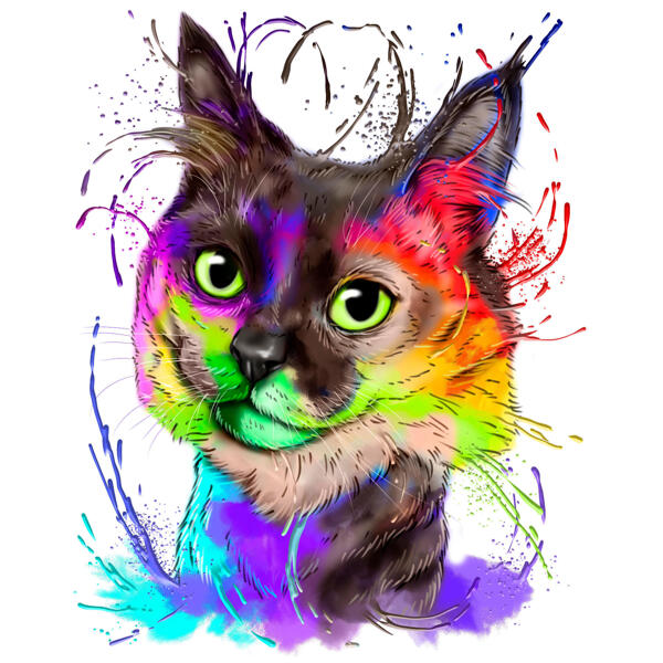 Varavīksnes kaķa portrets ar šļakatām