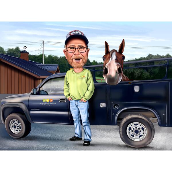Lauku fermera karikatūra ar kravas furgona fonu no fotoattēliem