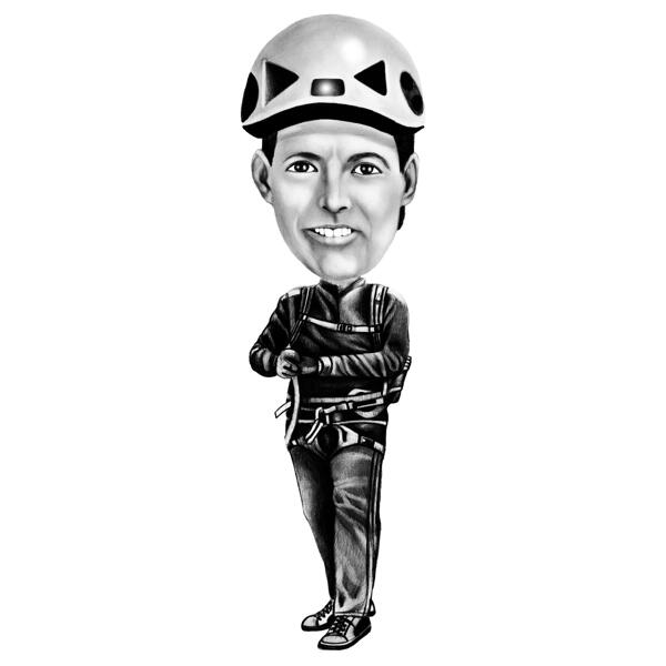 Персонализированная карикатура на человека-скалолаза из фотографии в черно-белом стиле