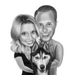 Pár s husky karikaturou v černé a bílé