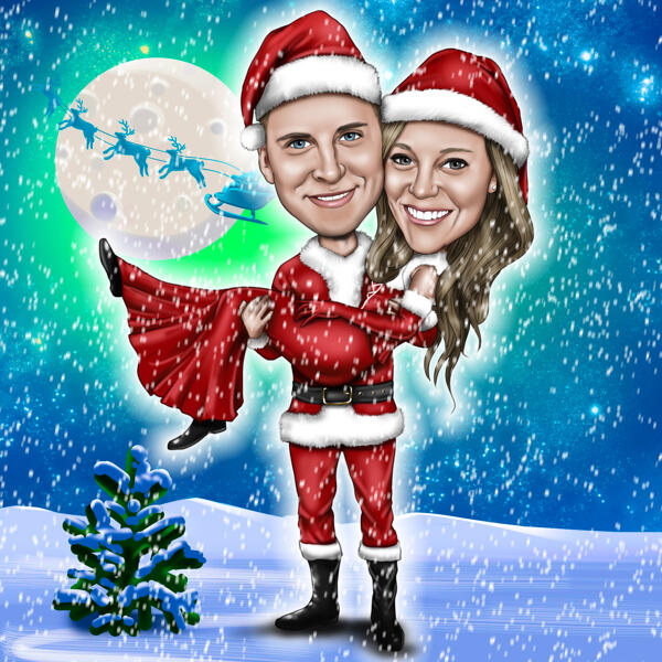 Caricatura di coppia di Natale con sfondo invernale