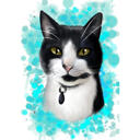 Suluboya Tarzında Turkuaz Arka Planlı Siyah Beyaz Kedi Karikatür Portresi