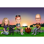 Kempinga pikniks ar ugunskura ģimenes karikatūras portretu no fotoattēliem krāsainā stilā