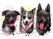 Grupphundar Porträtt Tecknad akvarell Naturfärg Skuggning från foton