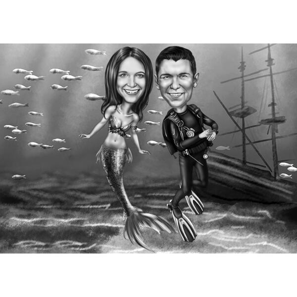 Карикатура пары в полный рост плавающих под водой в черно-белом стиле