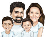 Dibujo artístico de caricatura en color de padres y dos niños a partir de fotos