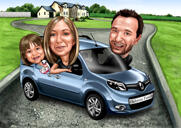 Trīs cilvēku ģimene automašīnā — krāsaina karikatūra no fotogrāfijām