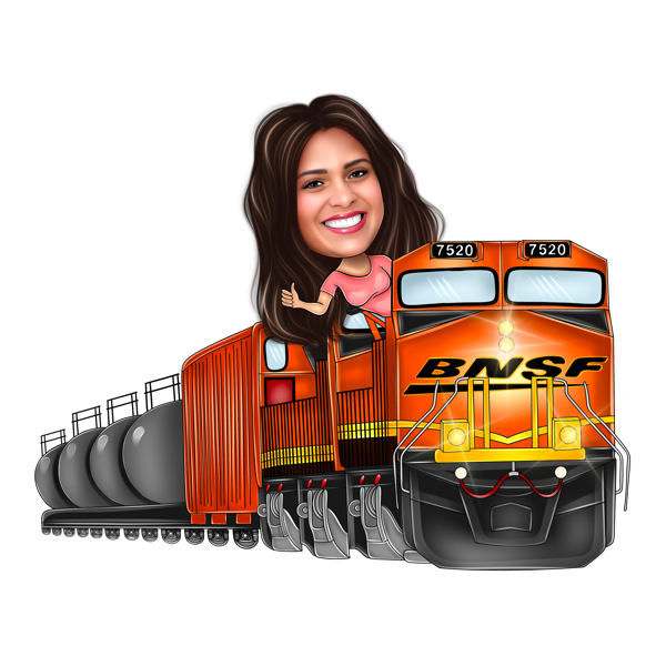 Caricatura de uma motorista feminina em um trem enorme