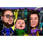 Pictură de caricatură colorată a familiei de supereroi cu fundal New York din fotografii