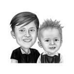Ritratto di due fratelli in stile cartone animato in bianco e nero