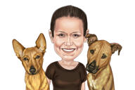 امرأة مع حيوانات أليفة مبالغا فيها كاريكاتير في نمط رقمي ملون مع خلفية مخصصة
