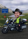 Persona, kas ceļo ar motociklu, karikatūra