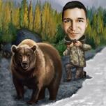 Caçador com retrato de urso de fotos com plano de fundo