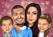 Famiglia personalizzata con caricatura di cartoni animati per bambini da foto con uno sfondo colorato