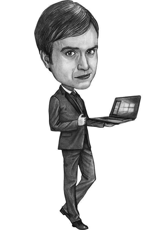 Computer Scientist Cartoon Drawing in Black and White Style