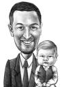 Papa avec Kid Cartoon Portrait Caricature de Photos dessinés à la main dans un style monochrome