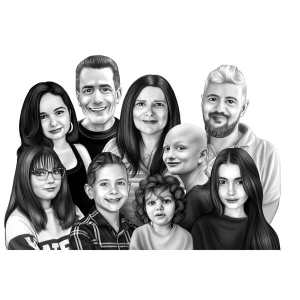 Regalo de retrato de dibujos animados de celebración conmemorativa de la vida de grupo familiar personalizado en estilo blanco y negro