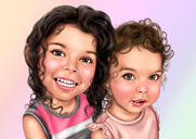 Mazuļu meiteņu karikatūras portrets no fotogrāfijām ar krāsainu fonu