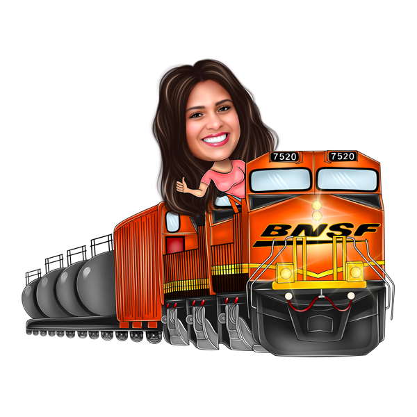 Caricatura dell'autista donna su un treno enorme