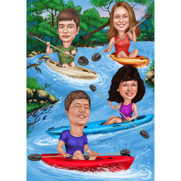 Caricatură de familie cu canoe de rafting