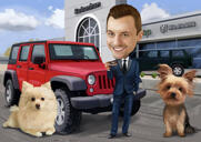 Propriétaire avec animal de compagnie en voiture Caricature à partir de photos