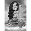 Özel Arka Plan Üzerinde Siyah Beyaz Tarzda Elle Çizilmiş Deniz Kızı Karikatürü